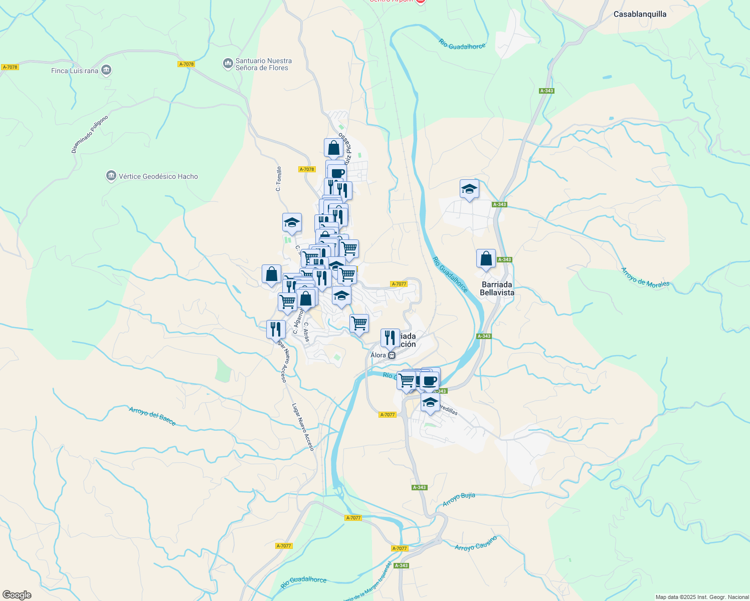 map of restaurants, bars, coffee shops, grocery stores, and more near 44 Calle Mirasierra in Álora