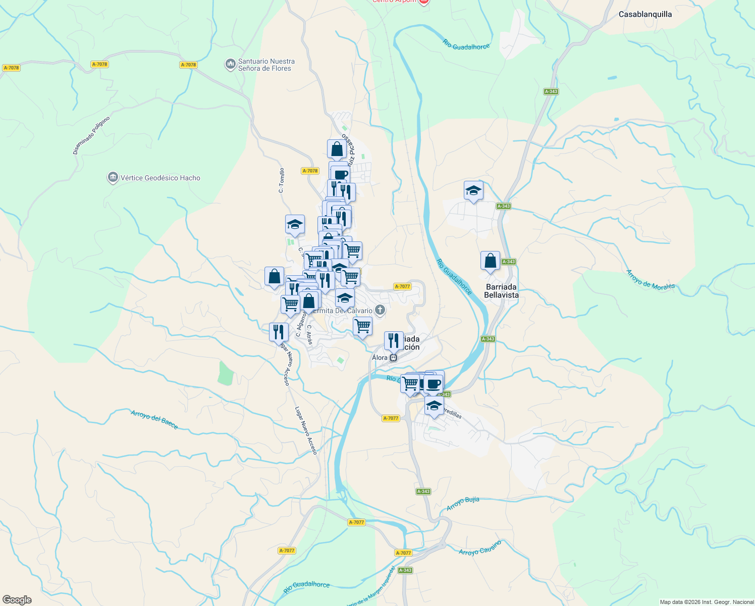 map of restaurants, bars, coffee shops, grocery stores, and more near 44 Calle Mirasierra in Álora