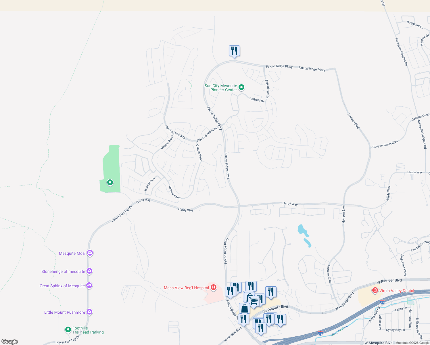 map of restaurants, bars, coffee shops, grocery stores, and more near Trickling Brook Ridge in Mesquite