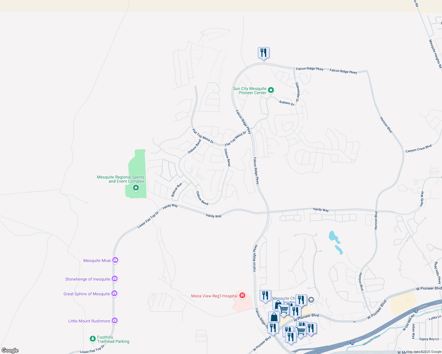 map of restaurants, bars, coffee shops, grocery stores, and more near Bridal Path Lane in Mesquite