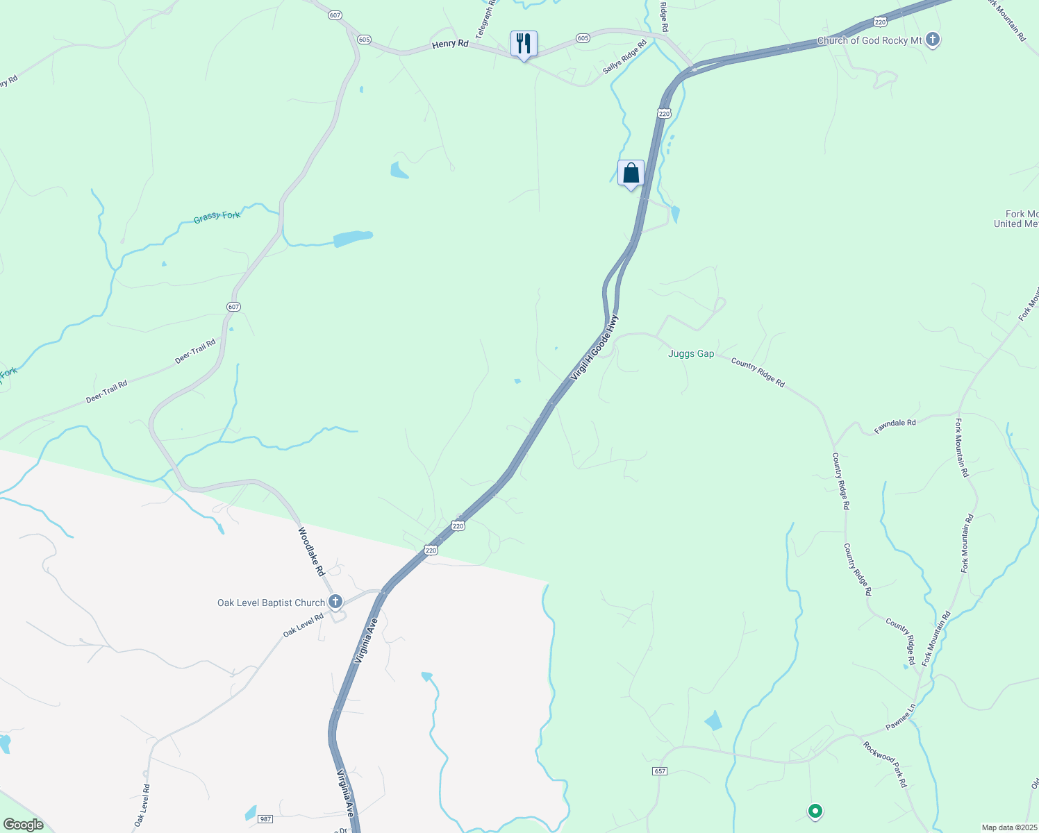 map of restaurants, bars, coffee shops, grocery stores, and more near 495 Virgil H Goode Highway in Bassett