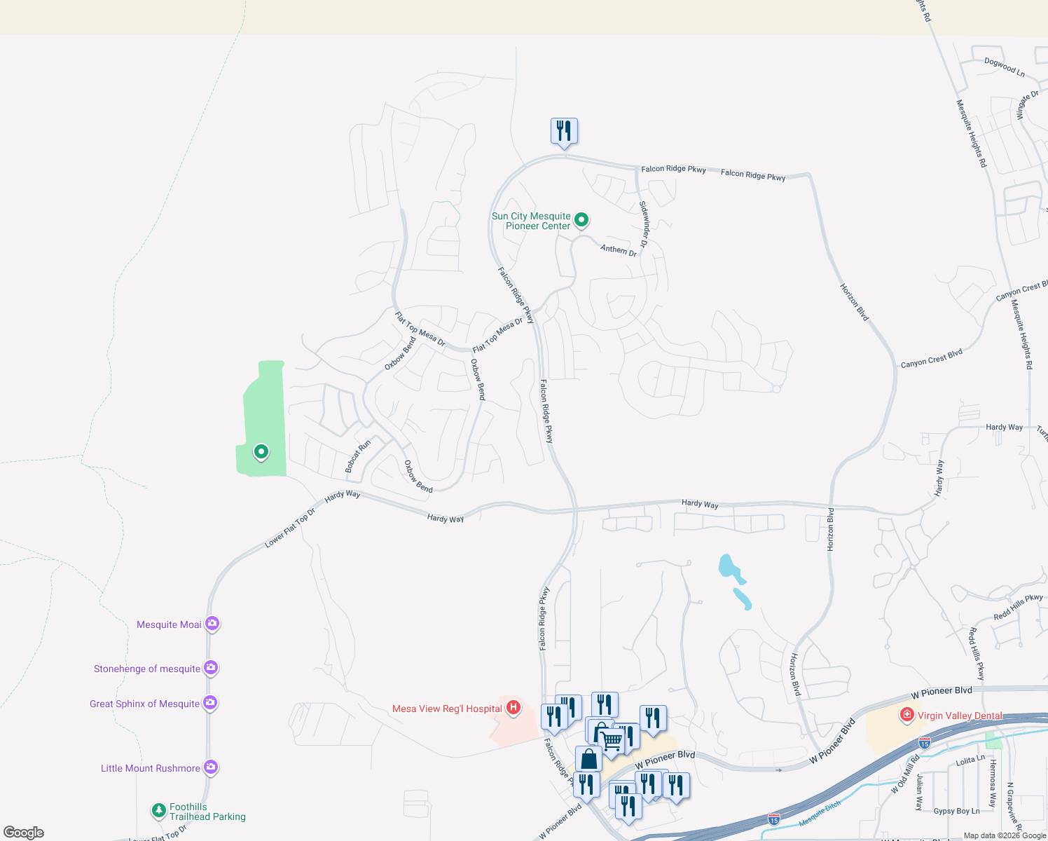 map of restaurants, bars, coffee shops, grocery stores, and more near 1019 Trickling Brook Ridge in Mesquite