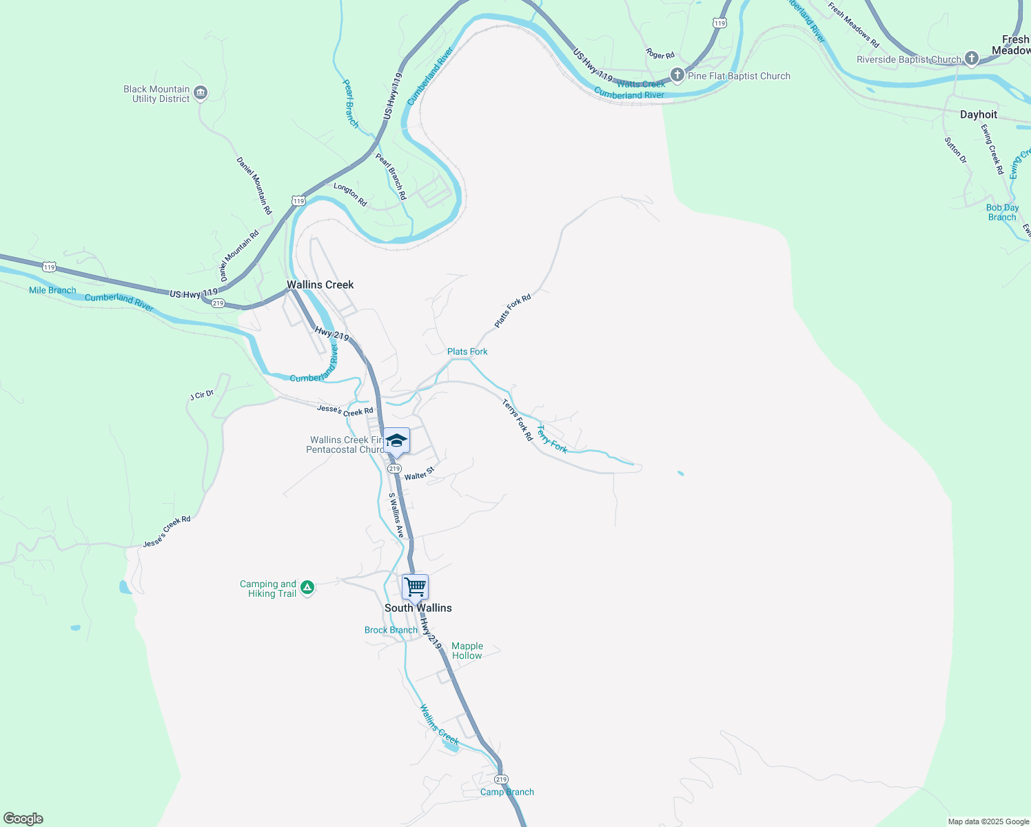 map of restaurants, bars, coffee shops, grocery stores, and more near 127 Grammer Lane in Wallins Creek