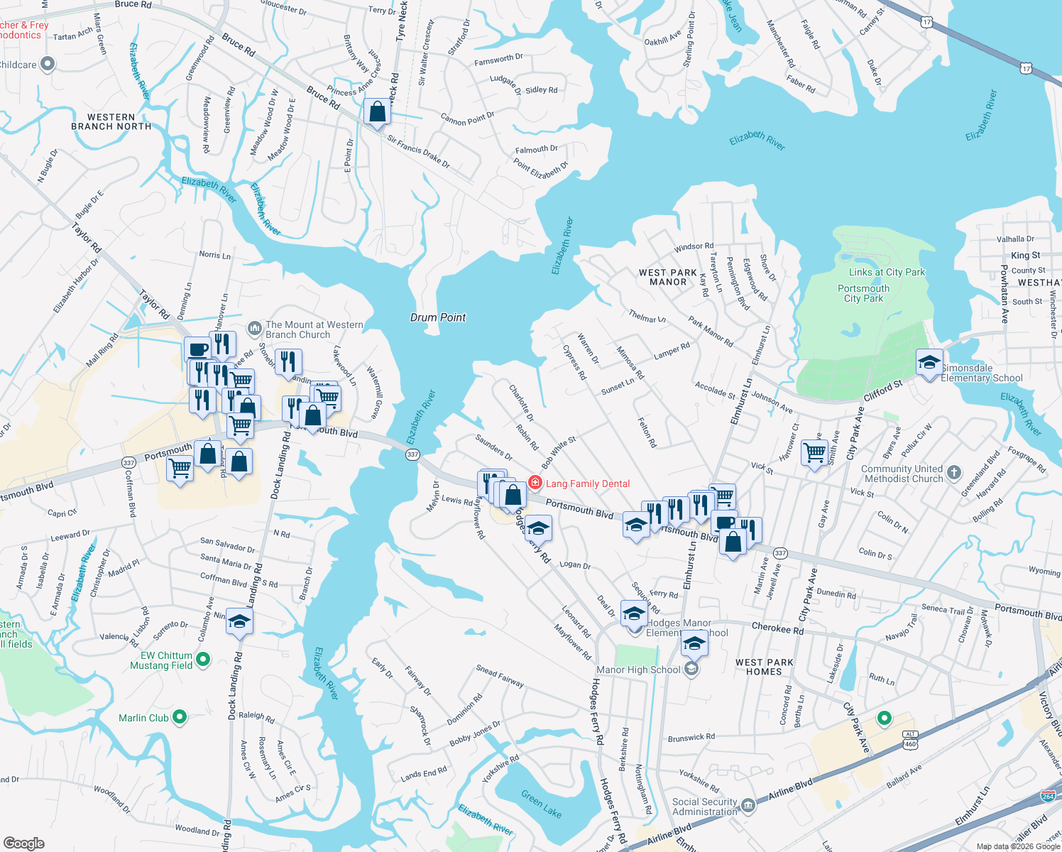 map of restaurants, bars, coffee shops, grocery stores, and more near 312 Charlotte Dr in Portsmouth