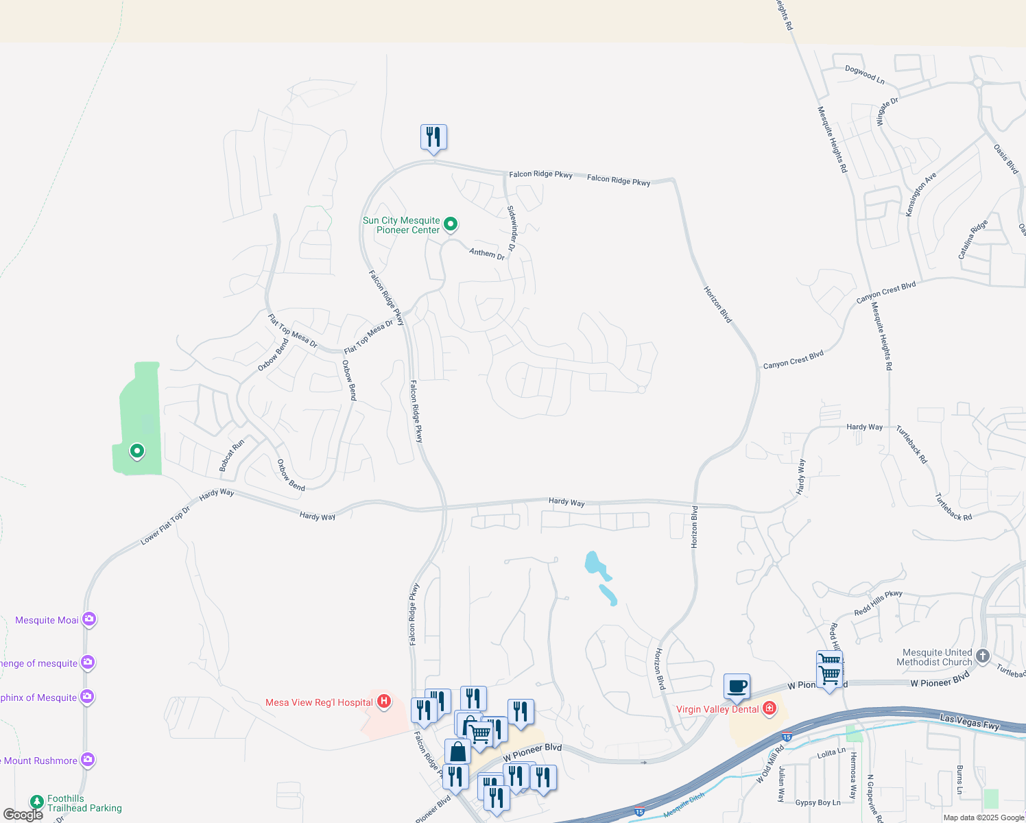 map of restaurants, bars, coffee shops, grocery stores, and more near 881 Falcon Ridge Parkway in Mesquite
