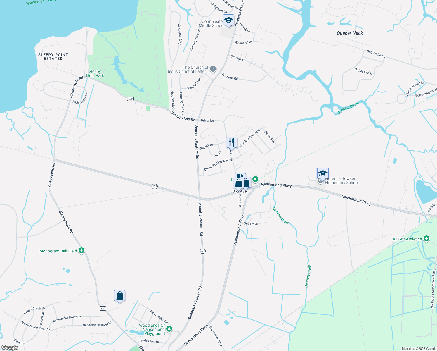 map of restaurants, bars, coffee shops, grocery stores, and more near 3008 Beech Grove Lane in Suffolk