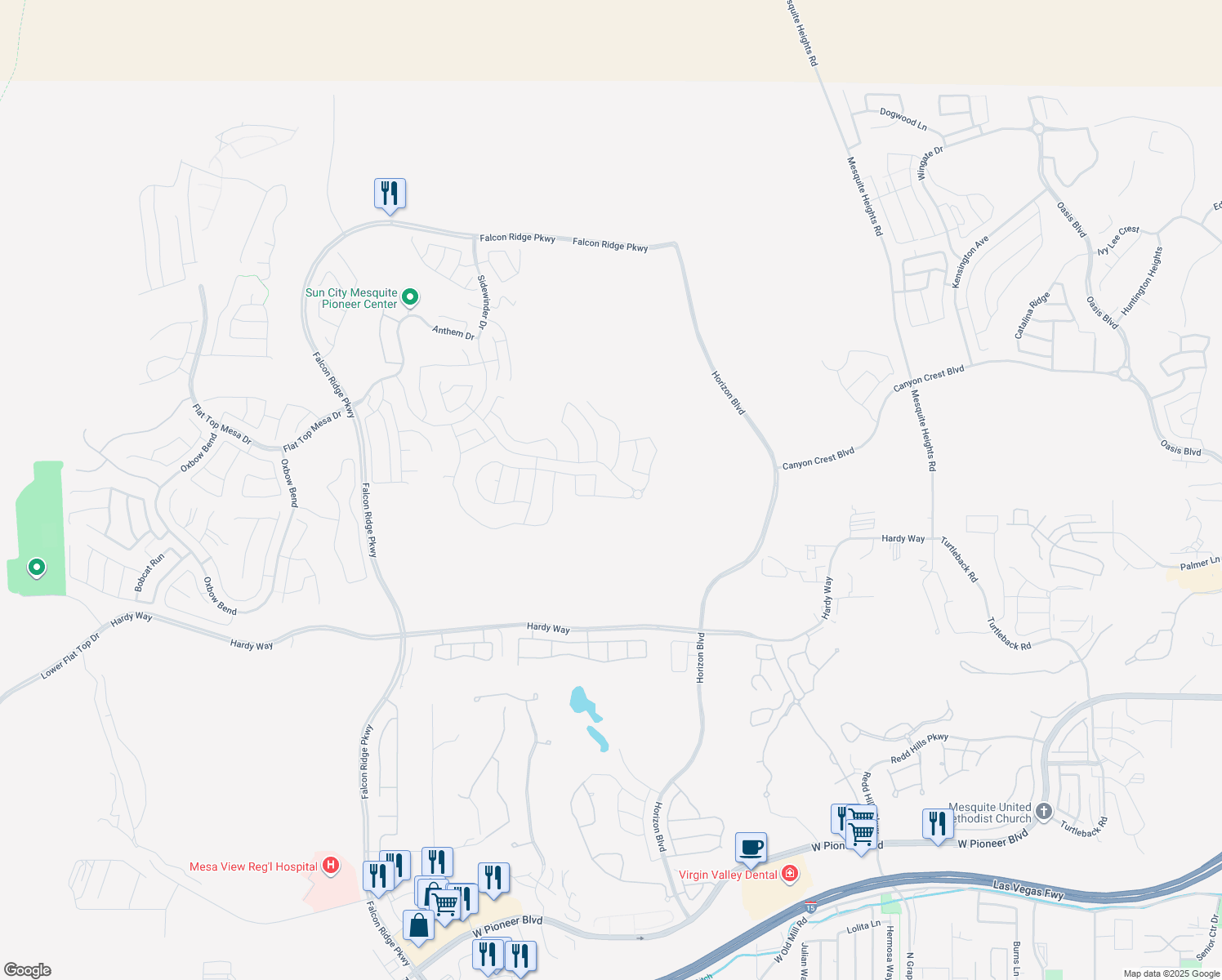 map of restaurants, bars, coffee shops, grocery stores, and more near 945 Outlook Trail in Mesquite