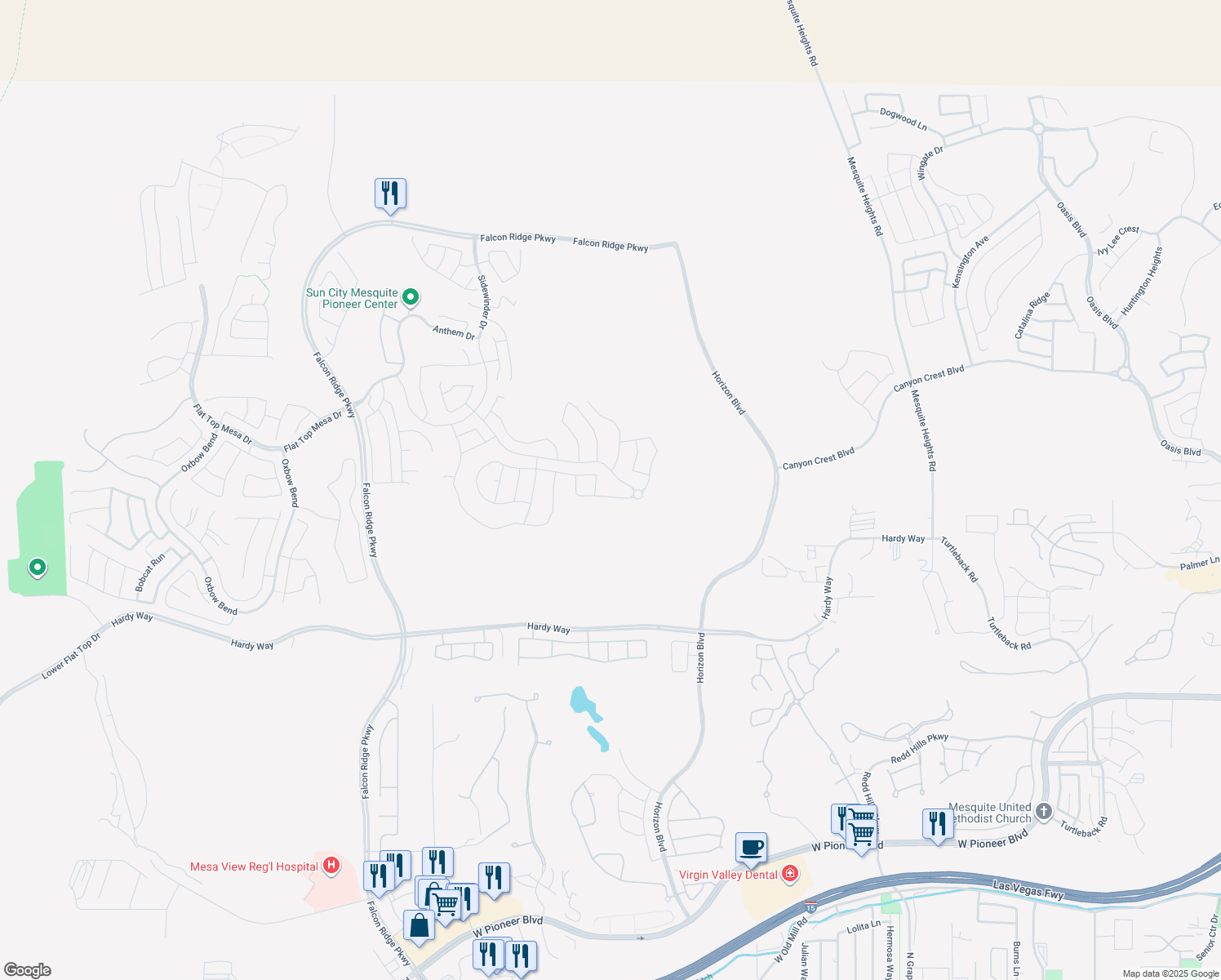map of restaurants, bars, coffee shops, grocery stores, and more near 945 Outlook Trail in Mesquite