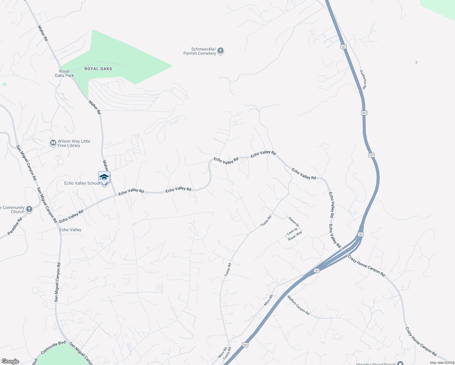 map of restaurants, bars, coffee shops, grocery stores, and more near 390 Echo Valley Road in Salinas