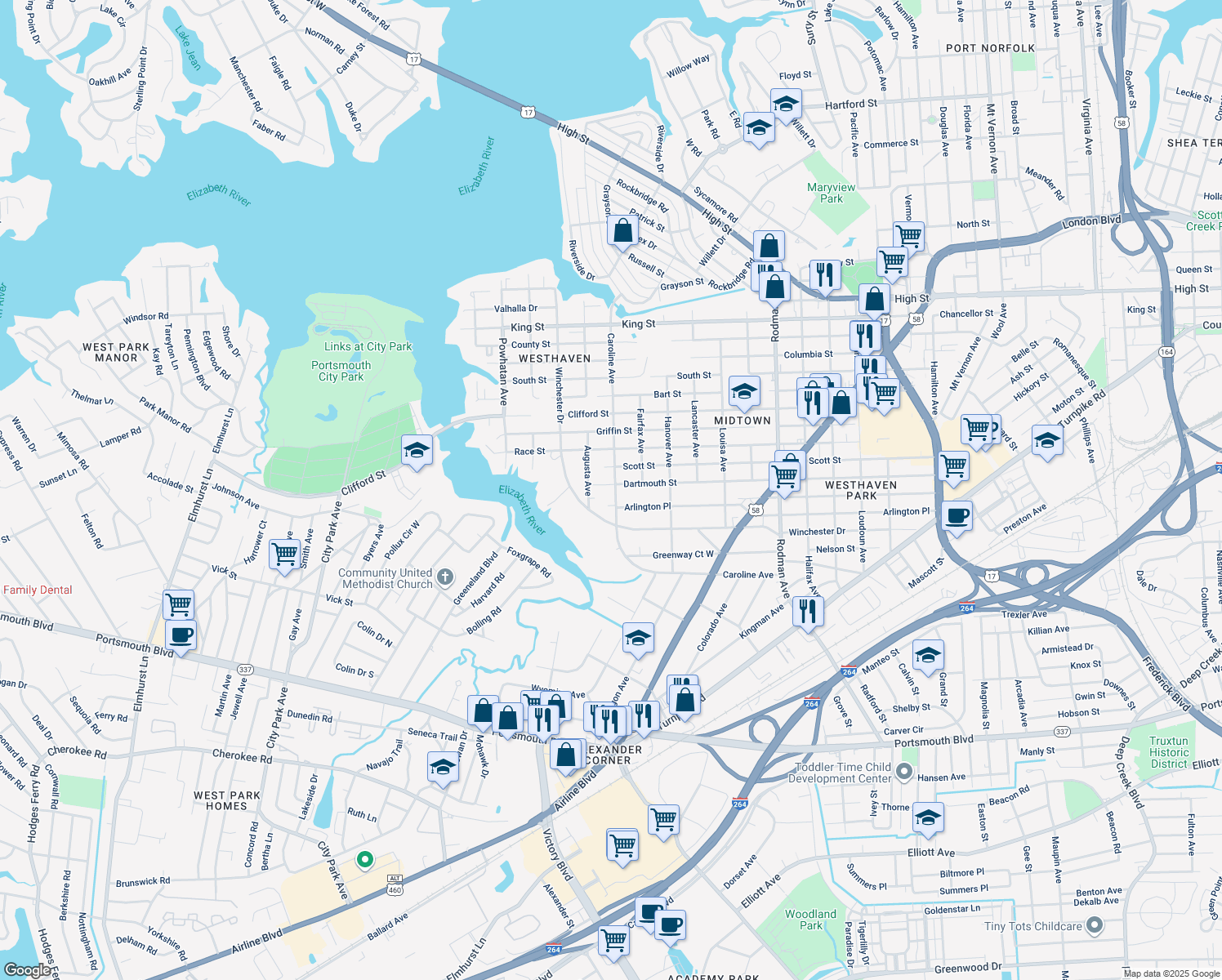 map of restaurants, bars, coffee shops, grocery stores, and more near 4303 Dartmouth Street in Portsmouth