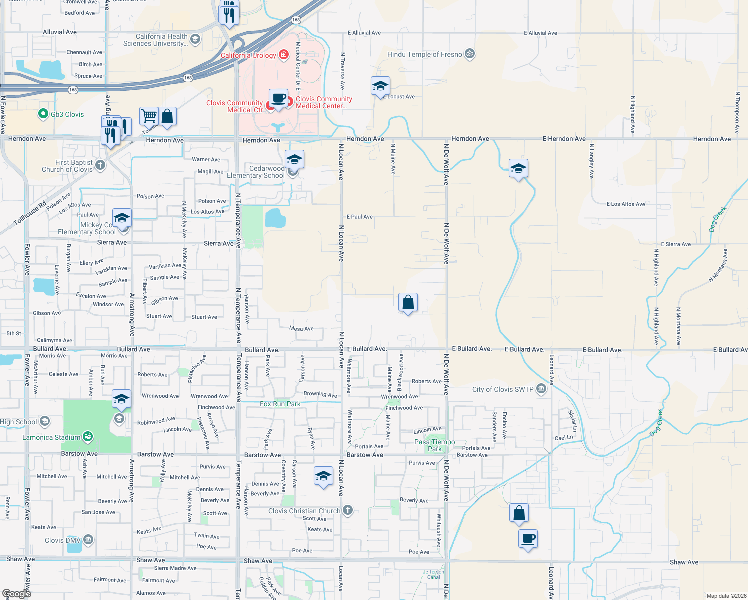 map of restaurants, bars, coffee shops, grocery stores, and more near 7621 East Escalon Avenue in Clovis