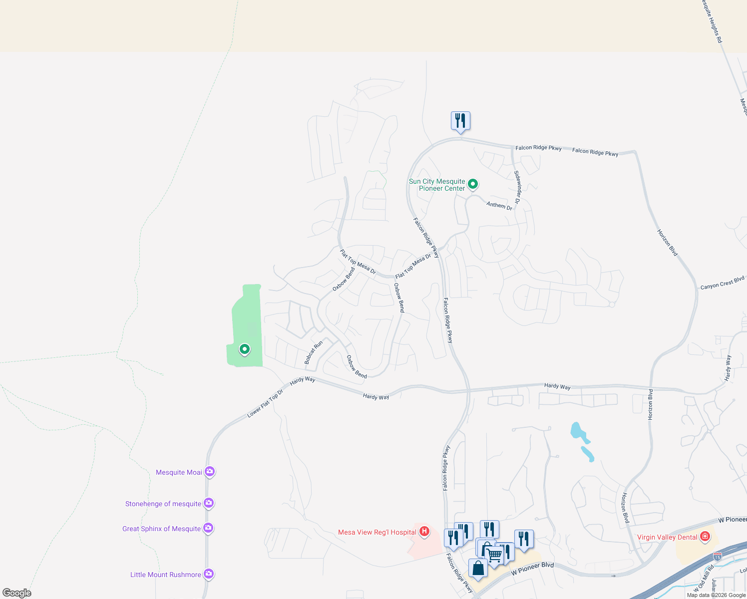 map of restaurants, bars, coffee shops, grocery stores, and more near 1044 Back Country Trail in Mesquite