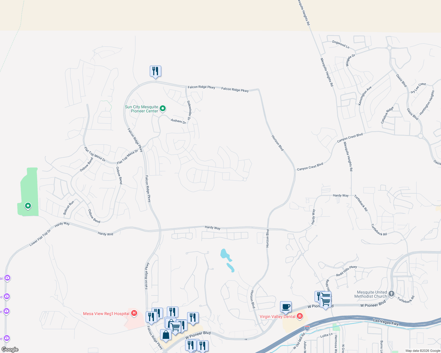 map of restaurants, bars, coffee shops, grocery stores, and more near 1070 Crestline Heights in Mesquite