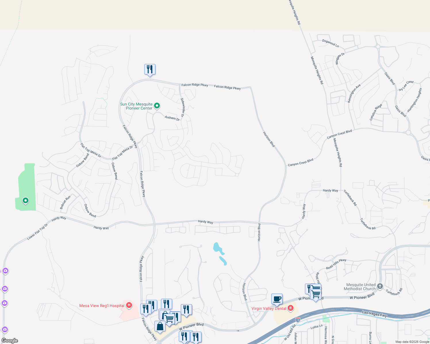 map of restaurants, bars, coffee shops, grocery stores, and more near Crestline Lane in Mesquite