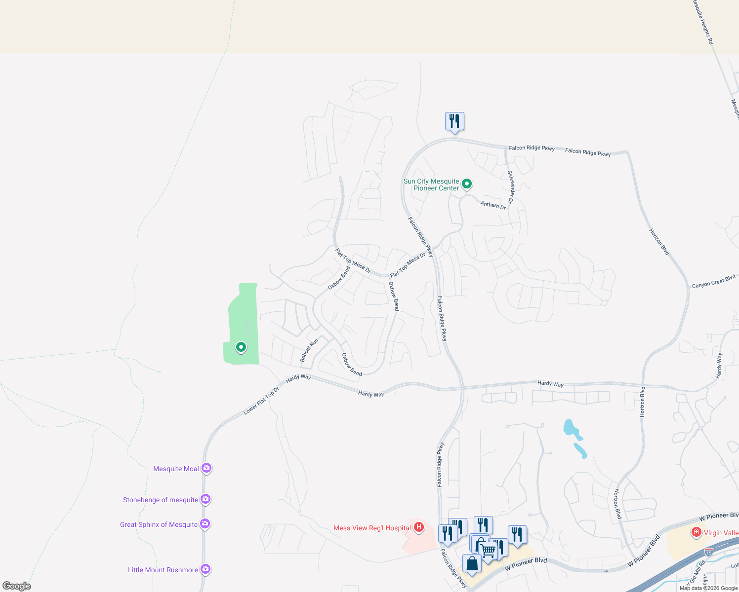 map of restaurants, bars, coffee shops, grocery stores, and more near 1060 Back Country Trail in Mesquite