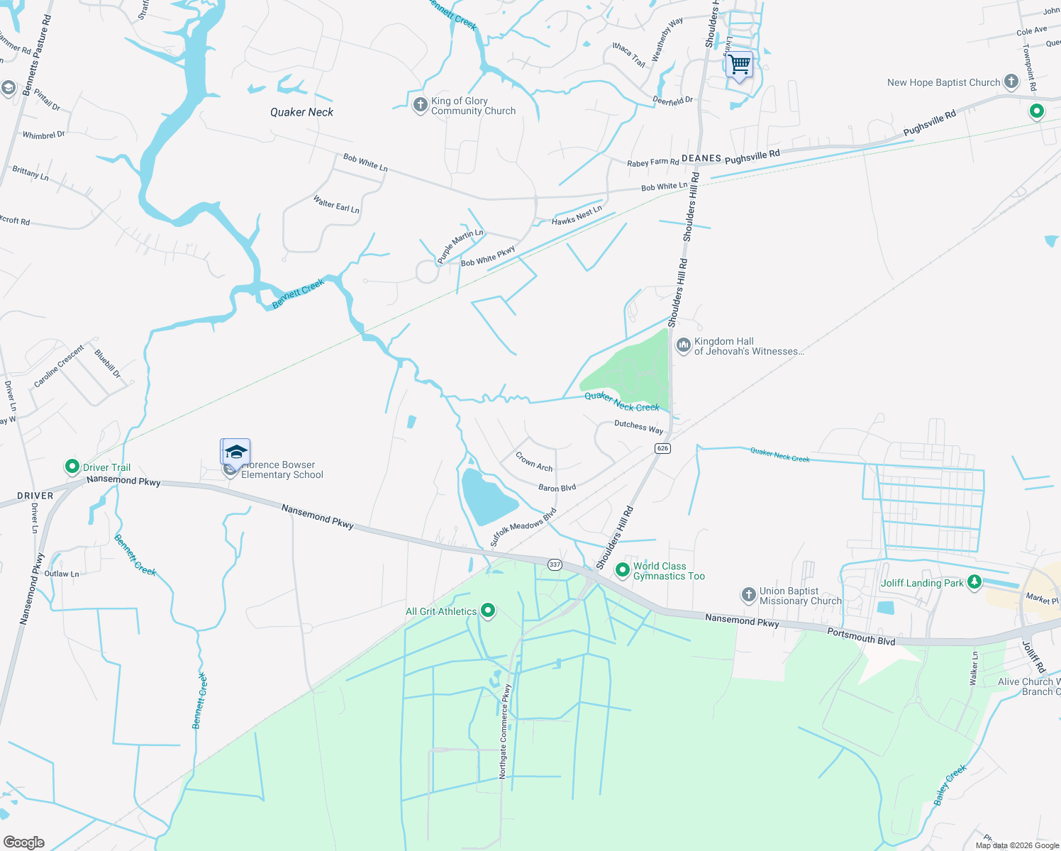 map of restaurants, bars, coffee shops, grocery stores, and more near 208 Princess Arch in Suffolk