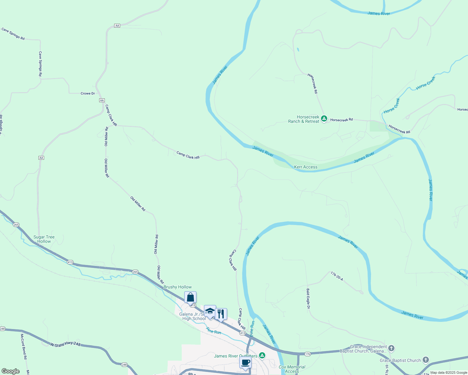 map of restaurants, bars, coffee shops, grocery stores, and more near 1355 Camp Clark Hill in Galena