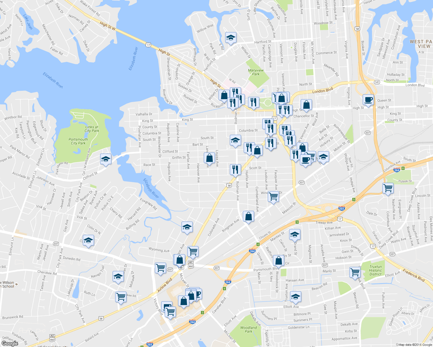 map of restaurants, bars, coffee shops, grocery stores, and more near 3900 Dartmouth Street in Portsmouth
