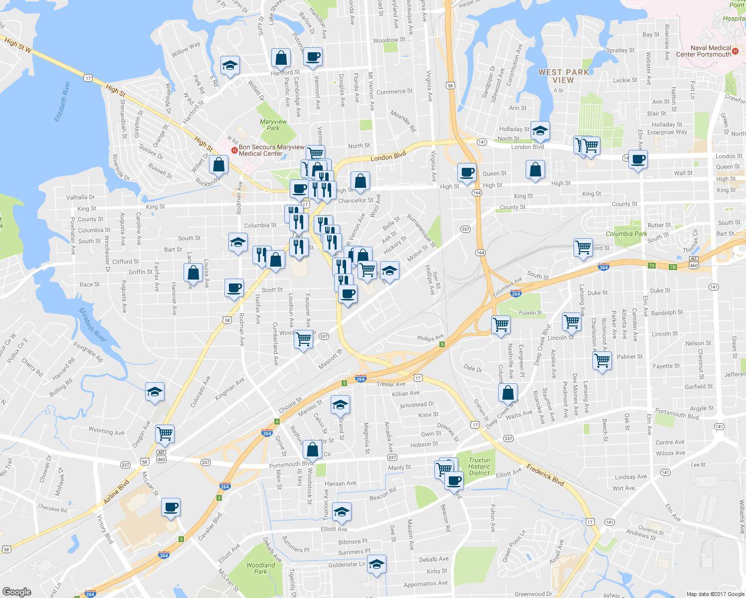map of restaurants, bars, coffee shops, grocery stores, and more near 2913 Turnpike Road in Portsmouth