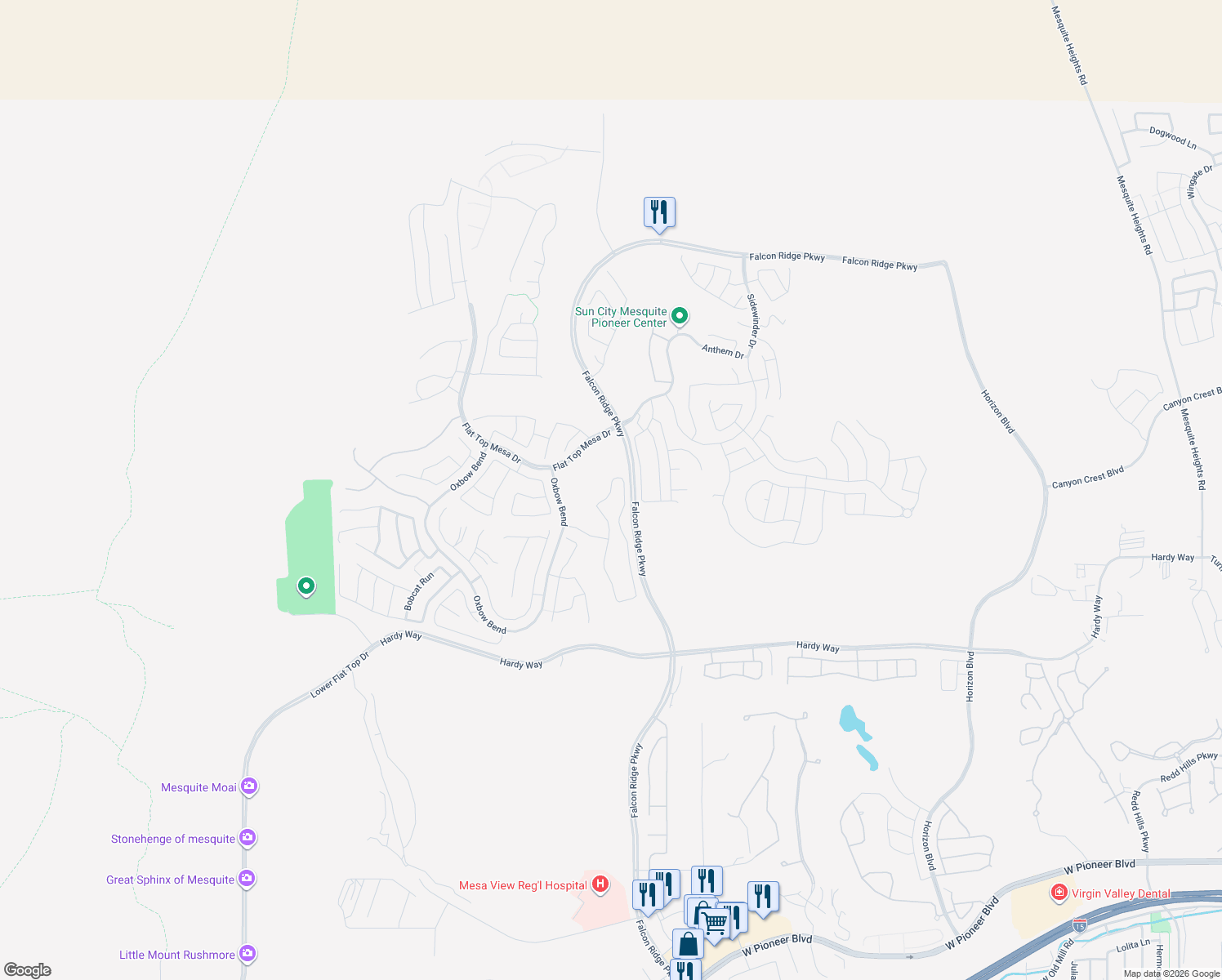 map of restaurants, bars, coffee shops, grocery stores, and more near Dry Creek Bend in Mesquite