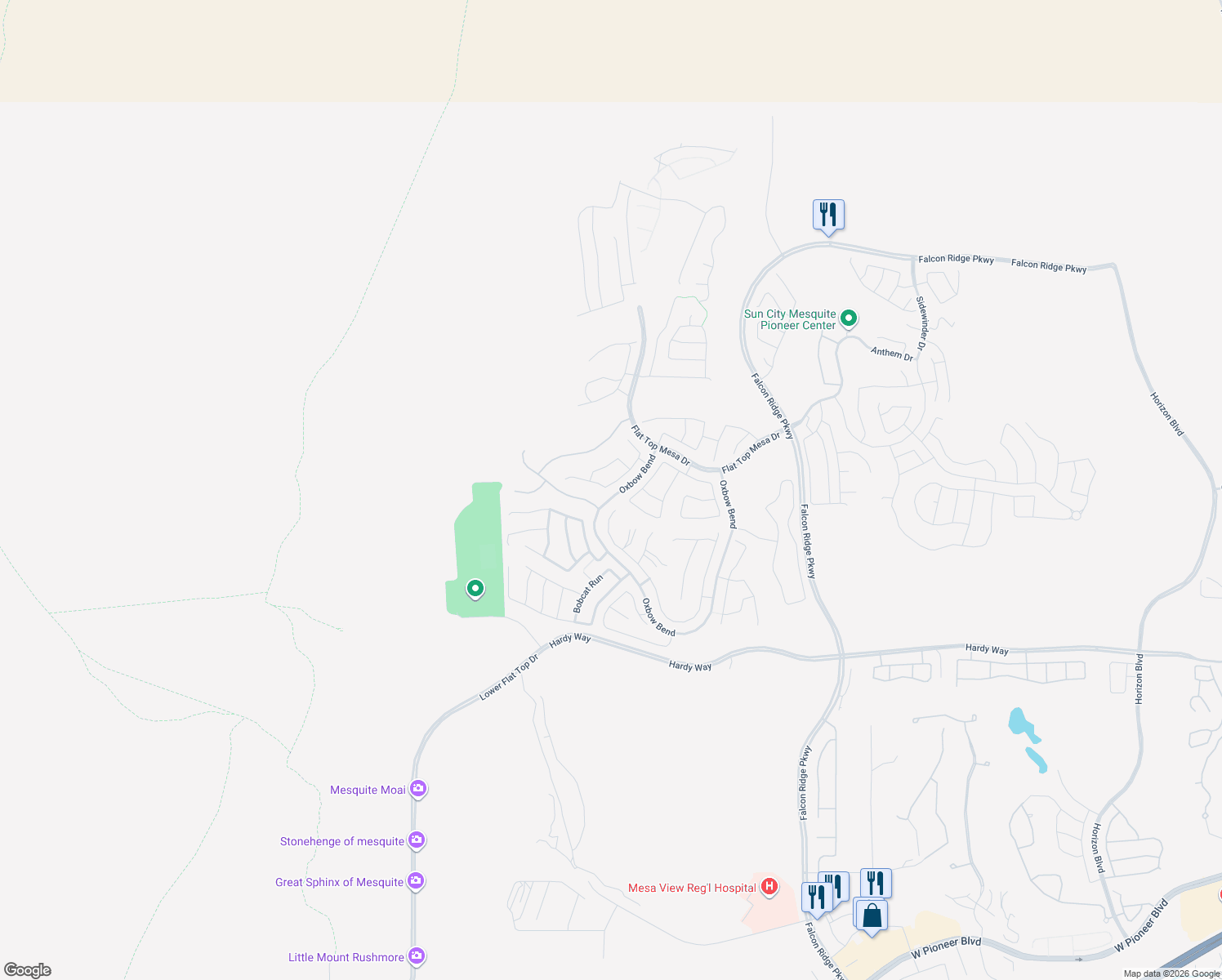 map of restaurants, bars, coffee shops, grocery stores, and more near 1080 North Fork Trail in Mesquite