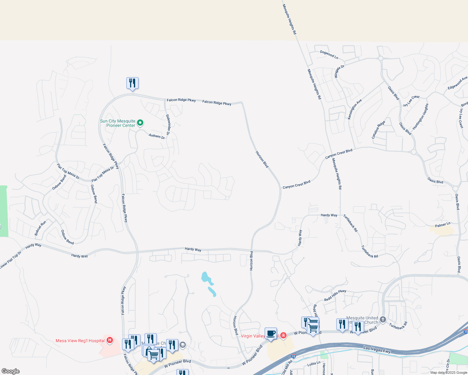 map of restaurants, bars, coffee shops, grocery stores, and more near 1110 Outlook Point in Mesquite
