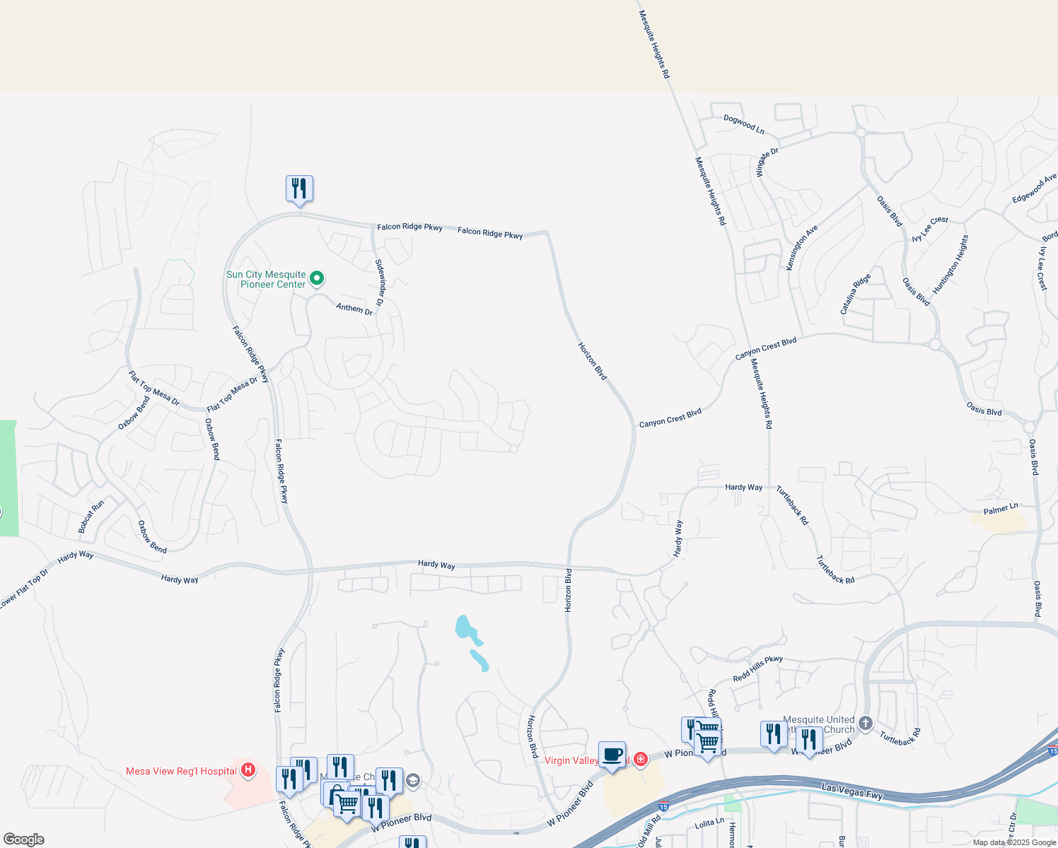 map of restaurants, bars, coffee shops, grocery stores, and more near 1110 Outlook Point in Mesquite