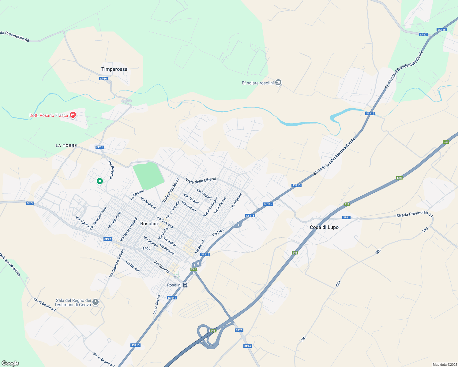 map of restaurants, bars, coffee shops, grocery stores, and more near 11 Via Antonio de Curtis in Rosolini