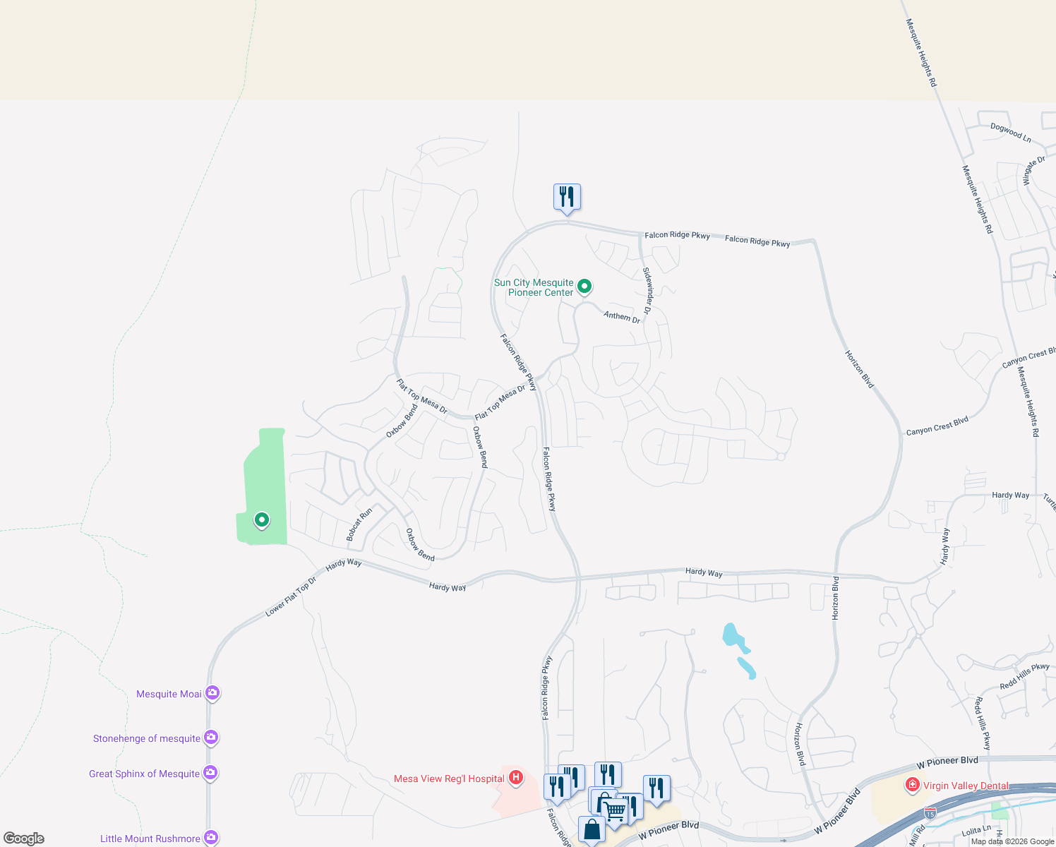 map of restaurants, bars, coffee shops, grocery stores, and more near 1217 Dry Creek Bend in Mesquite