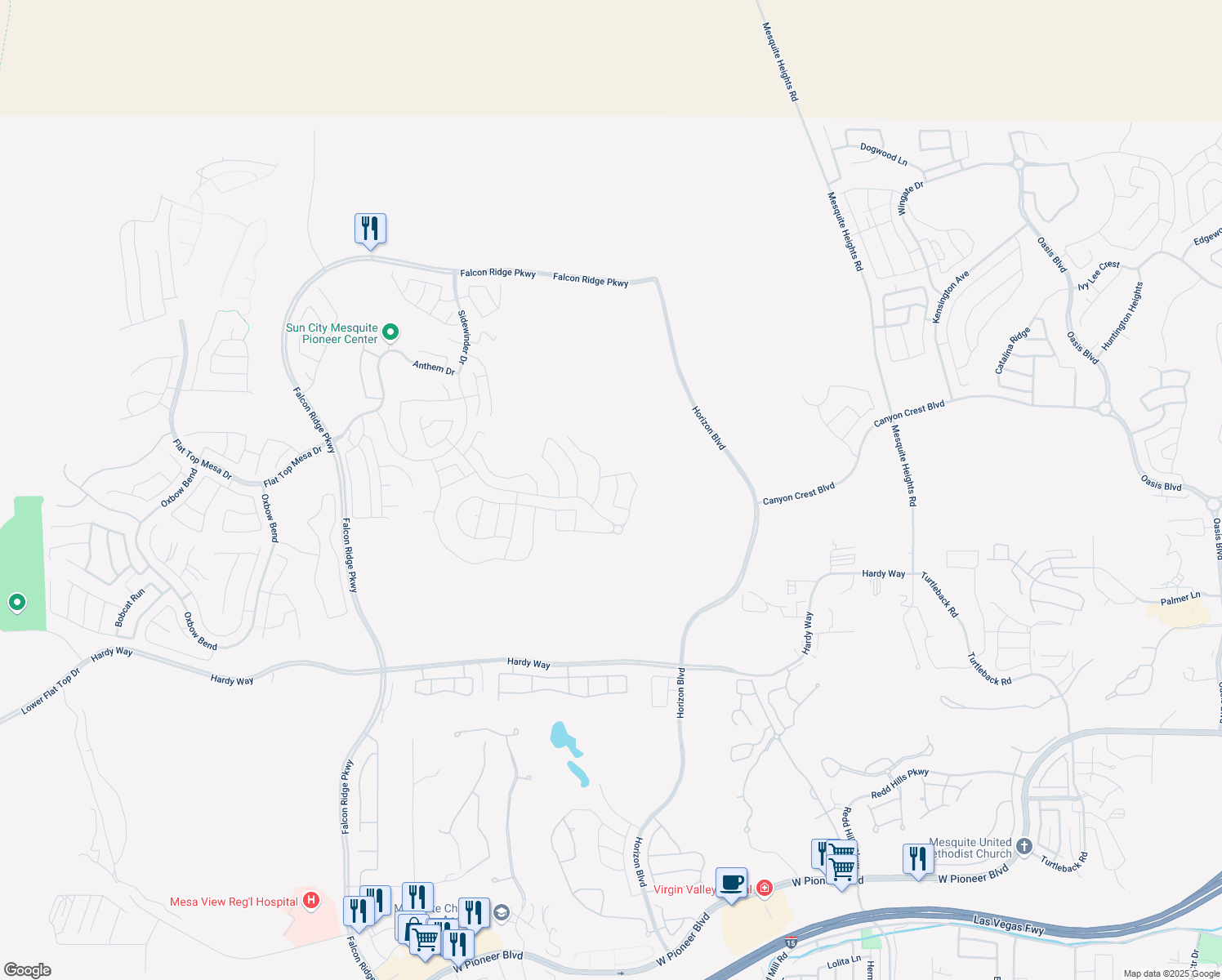 map of restaurants, bars, coffee shops, grocery stores, and more near 1141 Crestline Lane in Mesquite