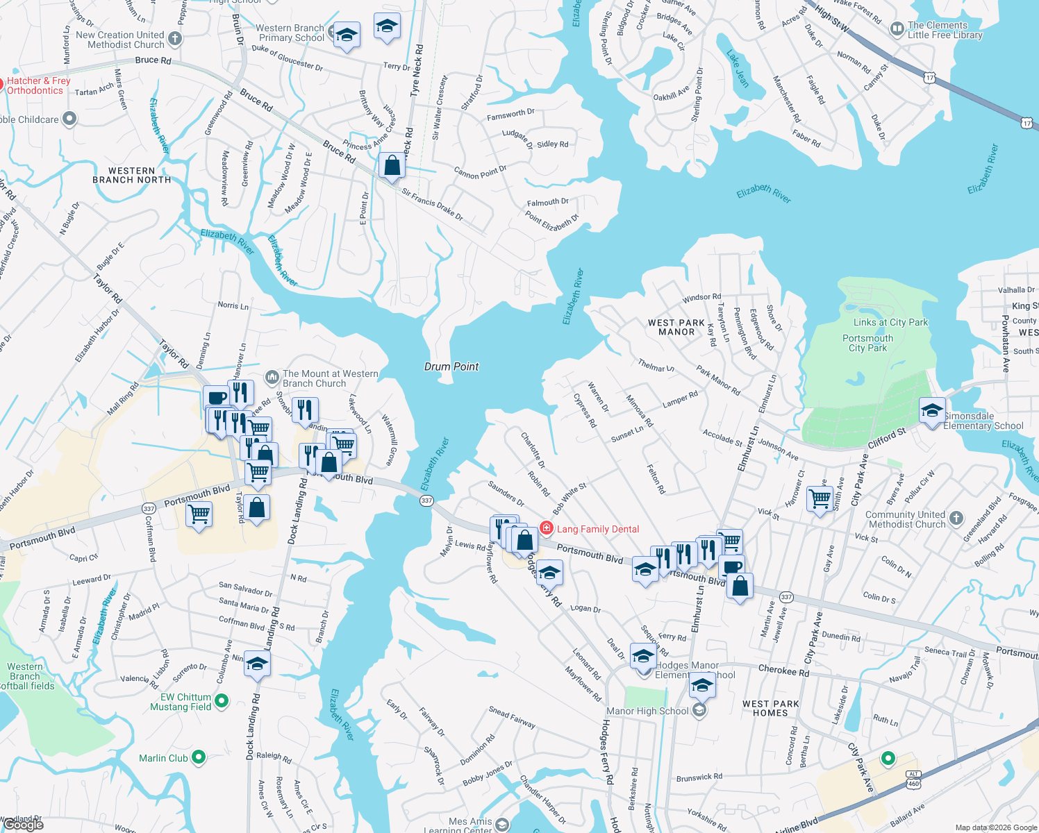 map of restaurants, bars, coffee shops, grocery stores, and more near 419 Charlotte Dr in Portsmouth