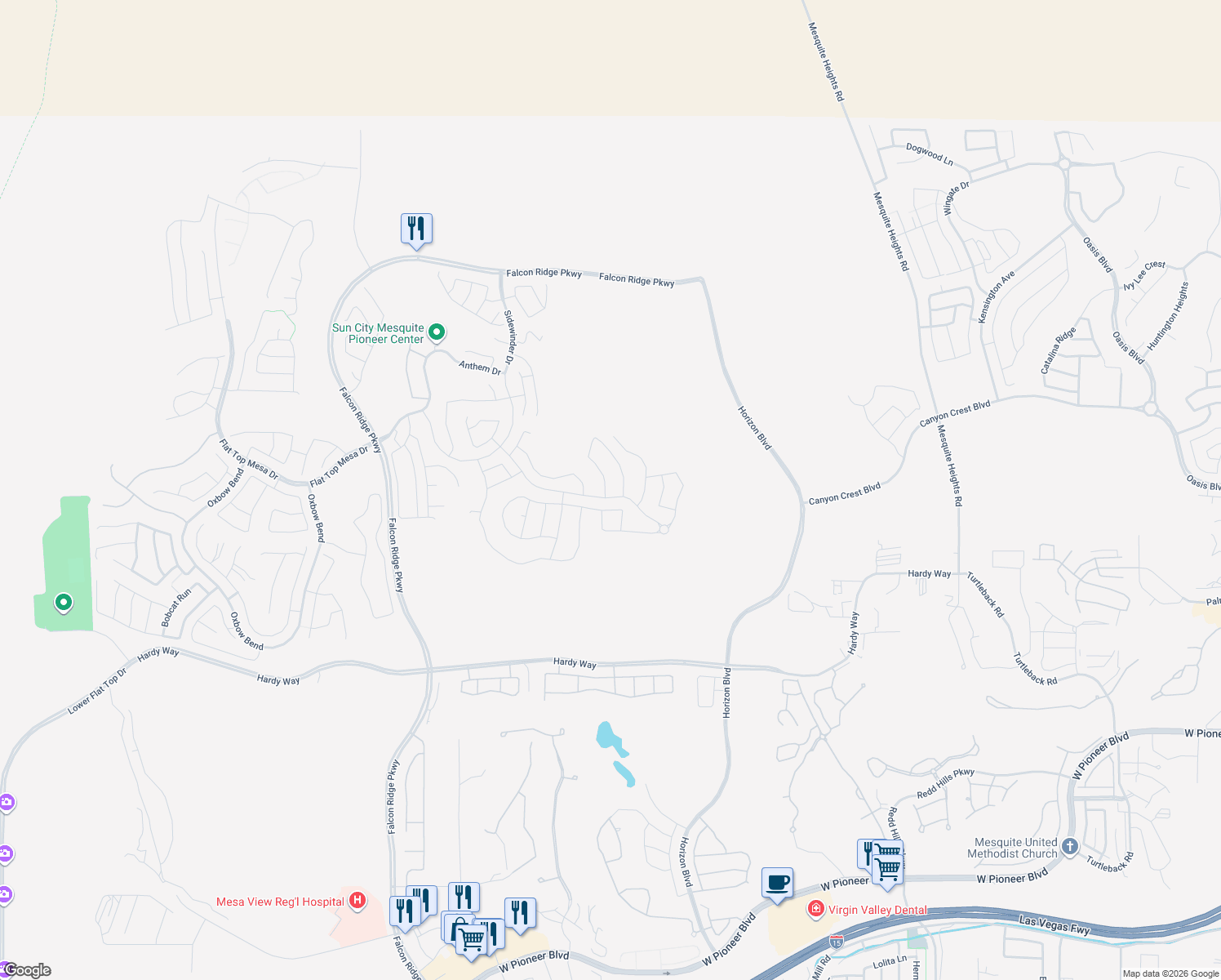 map of restaurants, bars, coffee shops, grocery stores, and more near 1112 Marble Peak Heights in Mesquite
