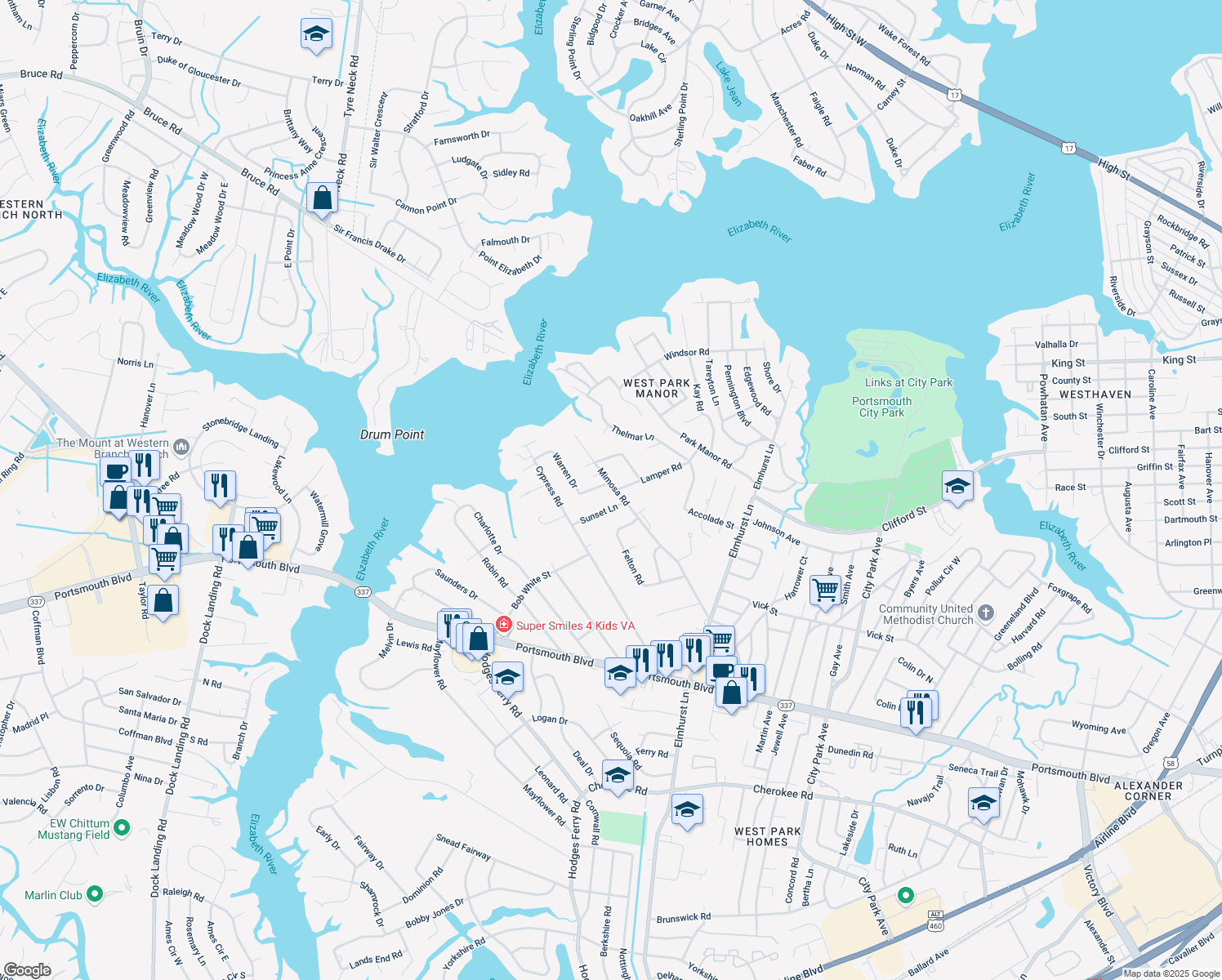 map of restaurants, bars, coffee shops, grocery stores, and more near 600 Mimosa Road in Portsmouth