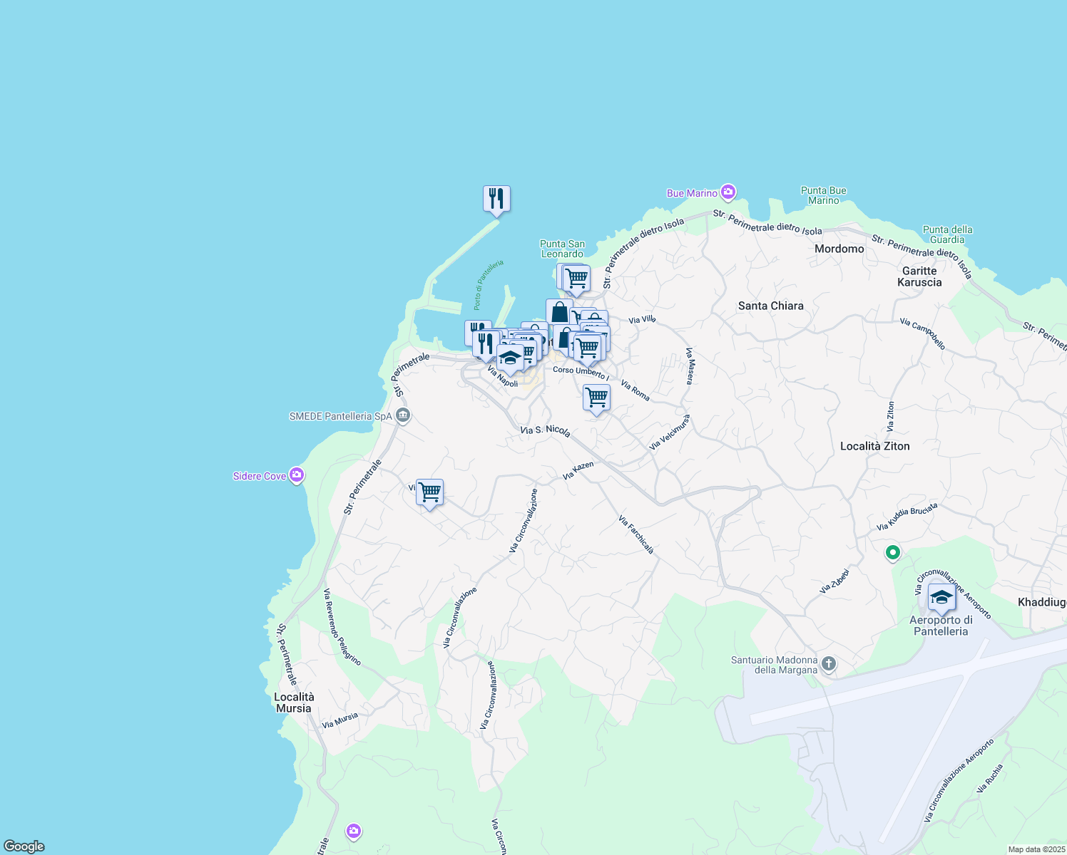 map of restaurants, bars, coffee shops, grocery stores, and more near 69 Via San Nicola in Pantelleria