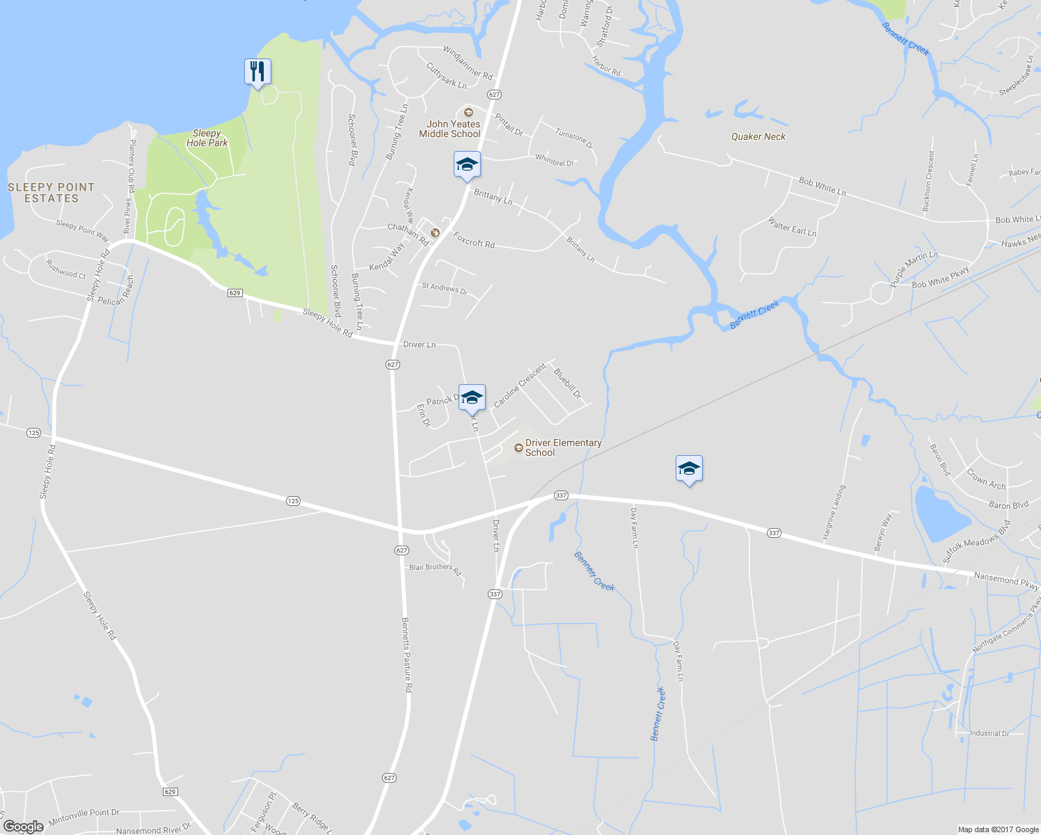 map of restaurants, bars, coffee shops, grocery stores, and more near 3114 Driver Station Way in Suffolk