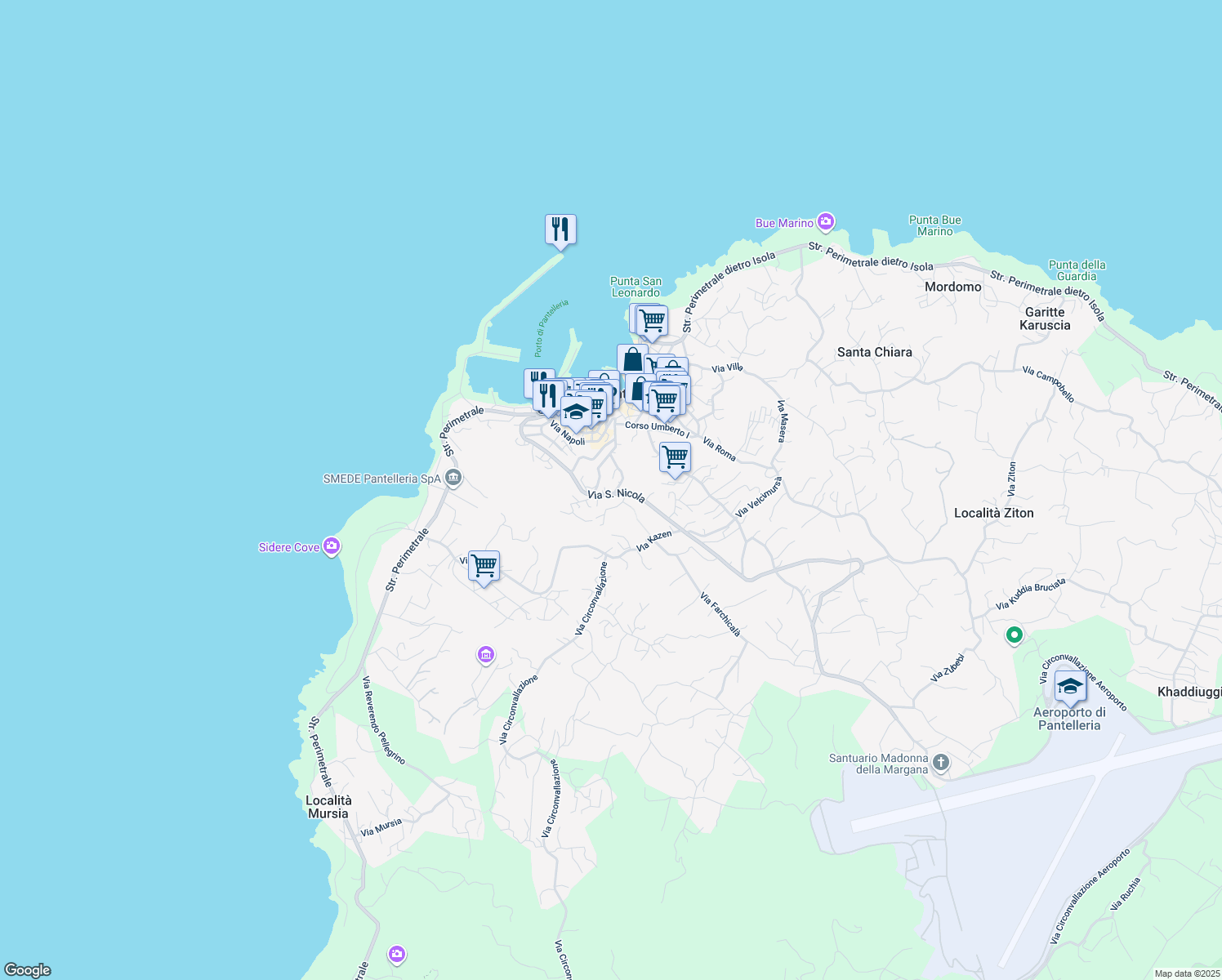 map of restaurants, bars, coffee shops, grocery stores, and more near 69 Via San Nicola in Pantelleria