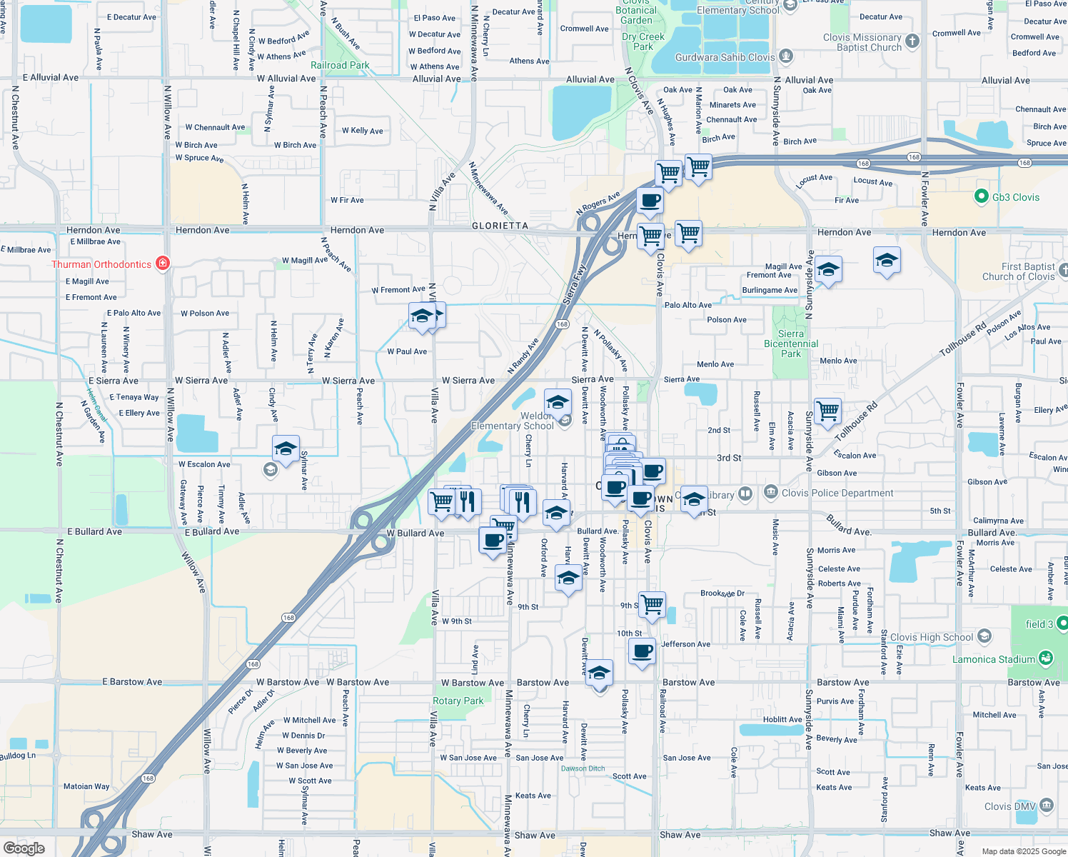 map of restaurants, bars, coffee shops, grocery stores, and more near 227 Cherry Lane in Clovis
