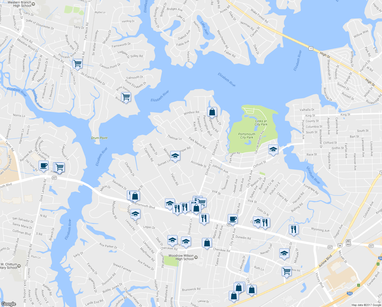 map of restaurants, bars, coffee shops, grocery stores, and more near 608 Gladstone Avenue in Portsmouth