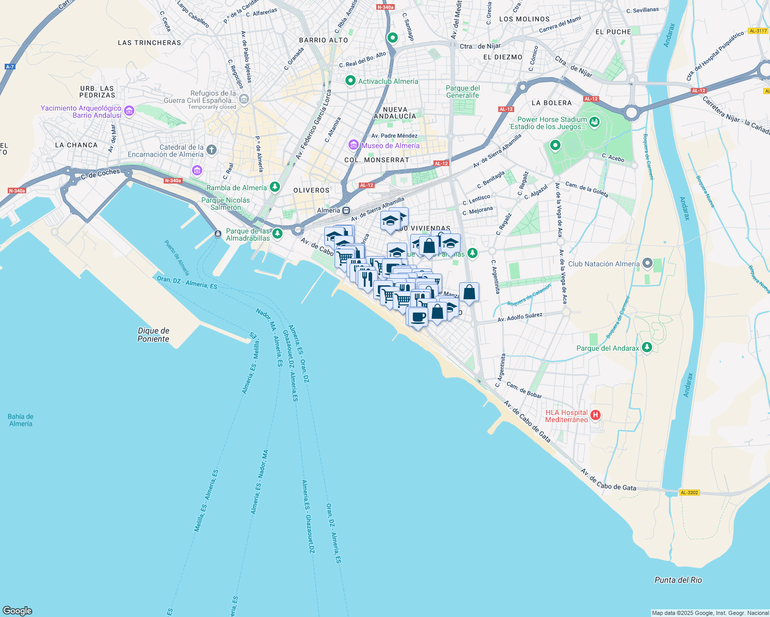 map of restaurants, bars, coffee shops, grocery stores, and more near Paseo Marítimo Carmen de Burgos in Almería