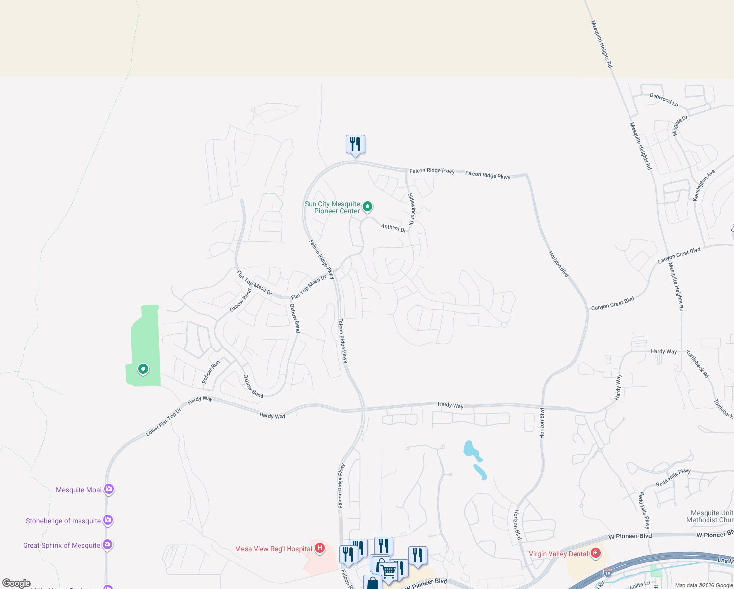 map of restaurants, bars, coffee shops, grocery stores, and more near 1197 Bluff Shadow Court in Mesquite