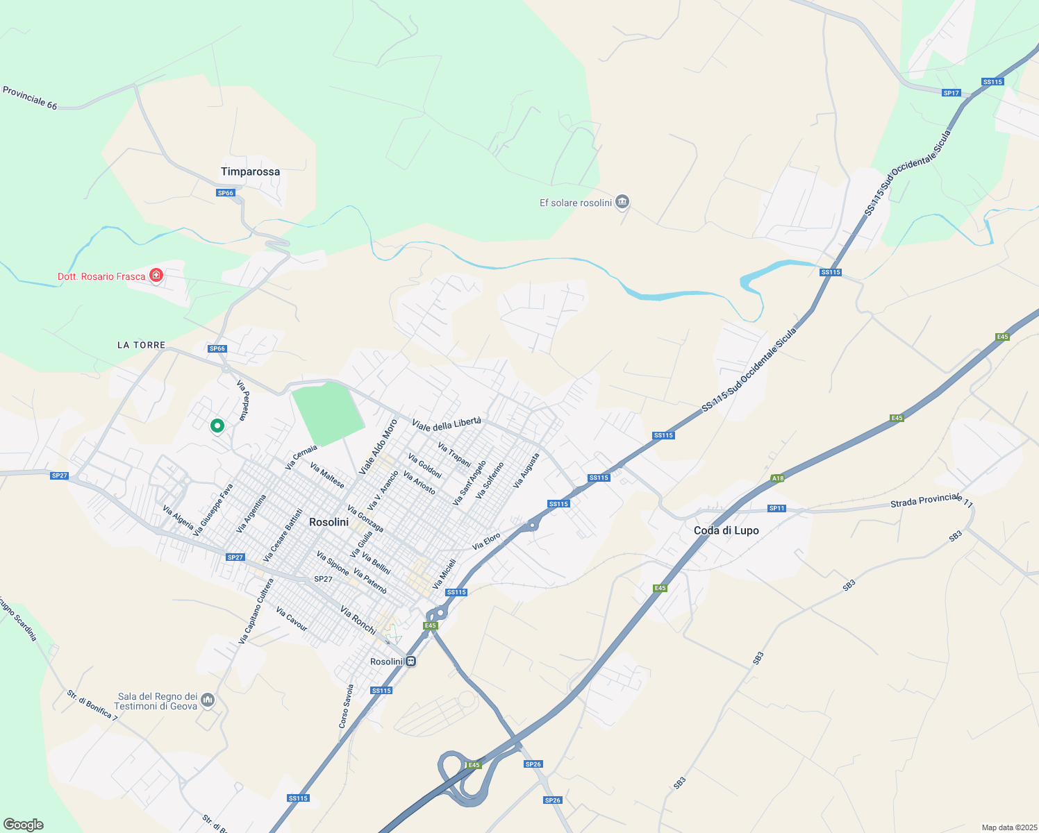 map of restaurants, bars, coffee shops, grocery stores, and more near 11 Via Antonio de Curtis in Rosolini