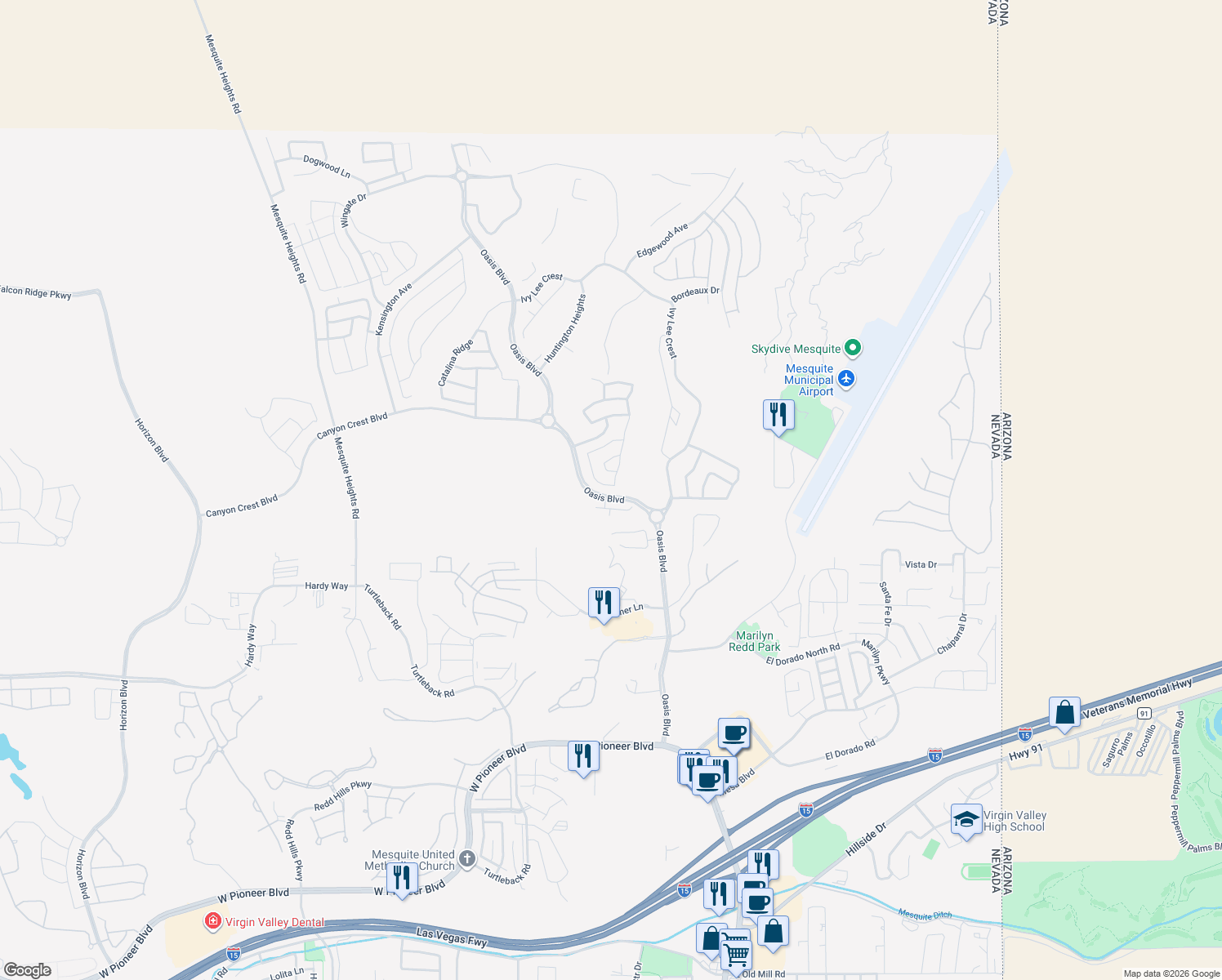 map of restaurants, bars, coffee shops, grocery stores, and more near 1141 Mesa Verde Run in Mesquite