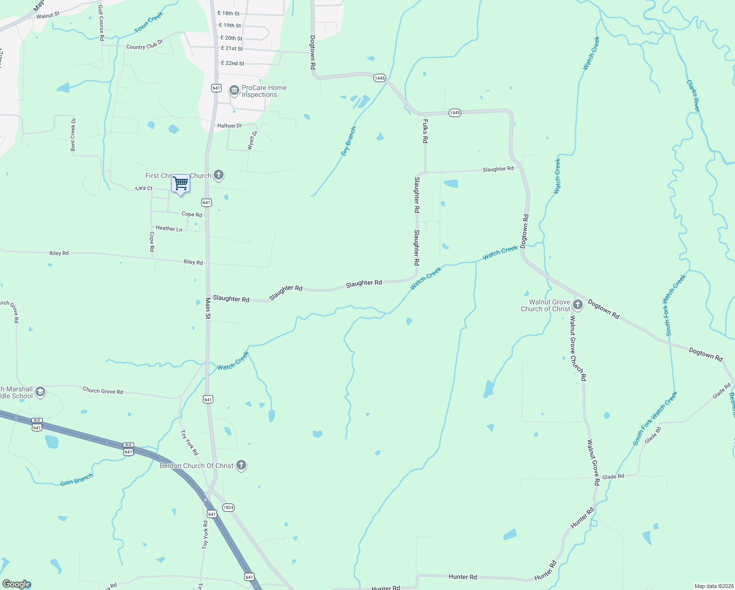 map of restaurants, bars, coffee shops, grocery stores, and more near 729 Slaughter Road in Benton
