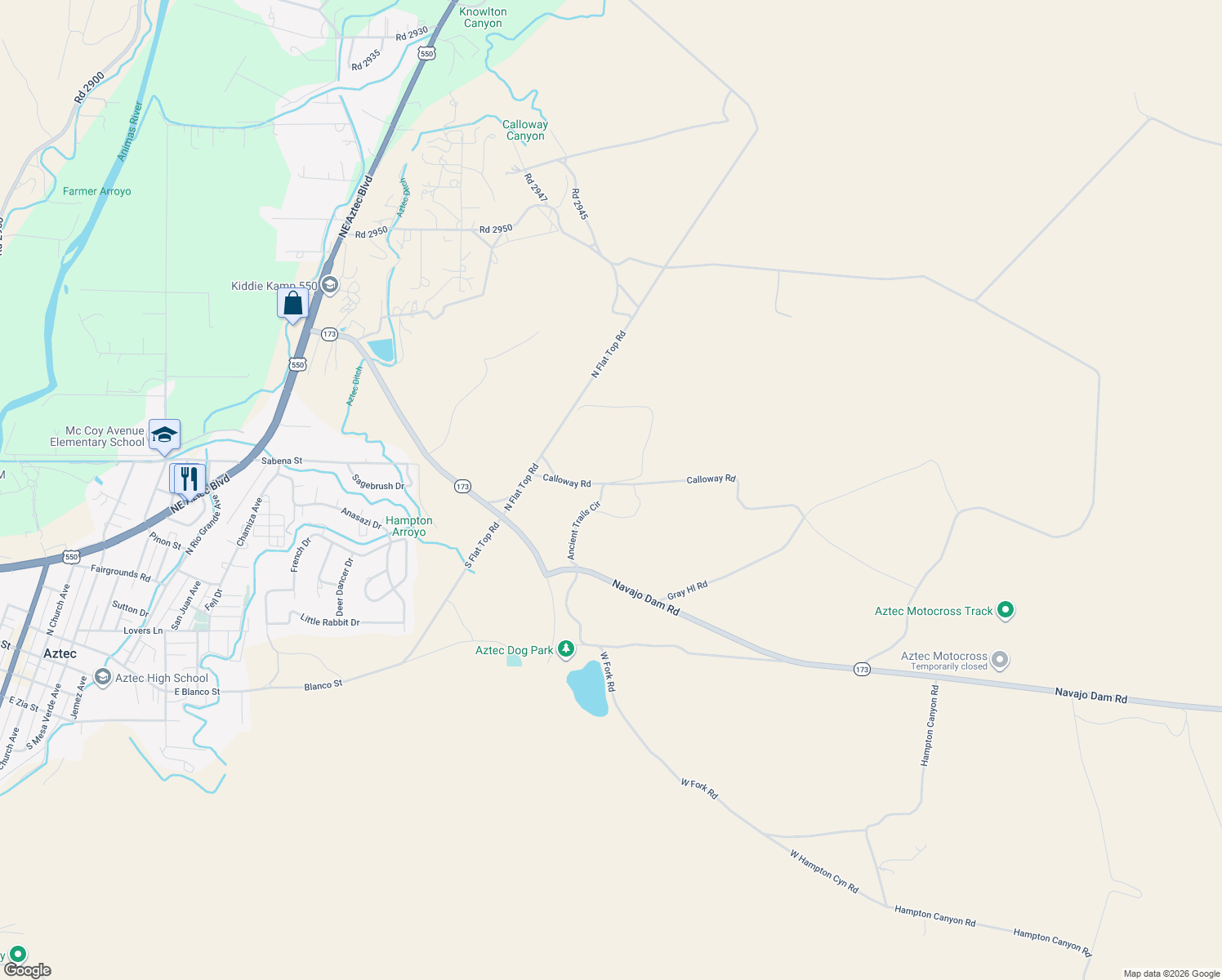 map of restaurants, bars, coffee shops, grocery stores, and more near Ancient Trail in Aztec