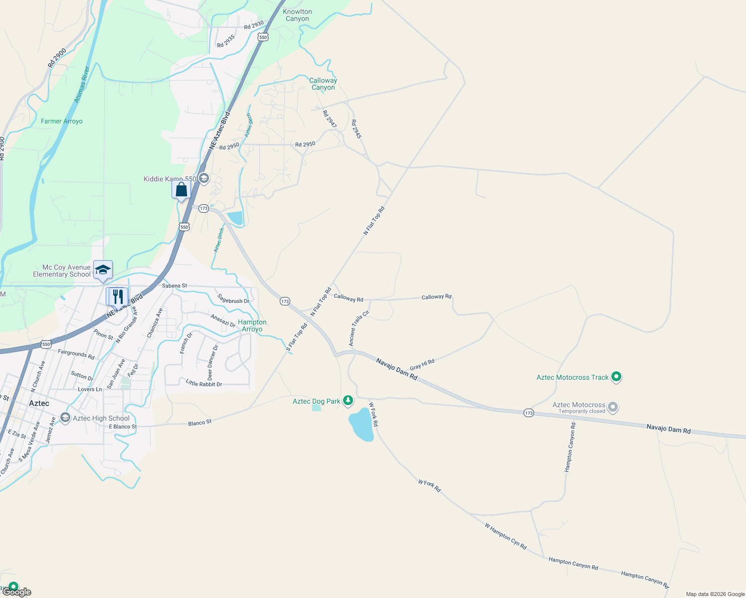 map of restaurants, bars, coffee shops, grocery stores, and more near Ancient Trail in Aztec