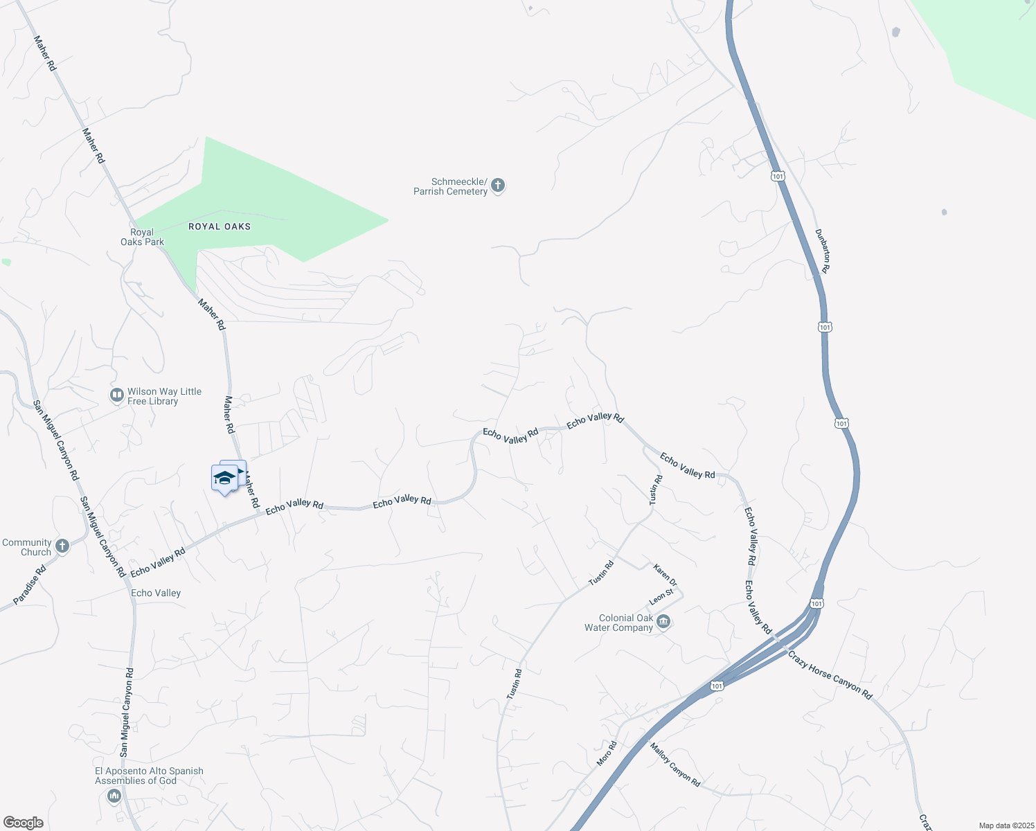 map of restaurants, bars, coffee shops, grocery stores, and more near 459 Echo Valley Road in Salinas