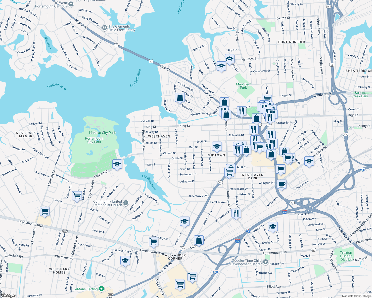 map of restaurants, bars, coffee shops, grocery stores, and more near 4121 Bart Street in Portsmouth