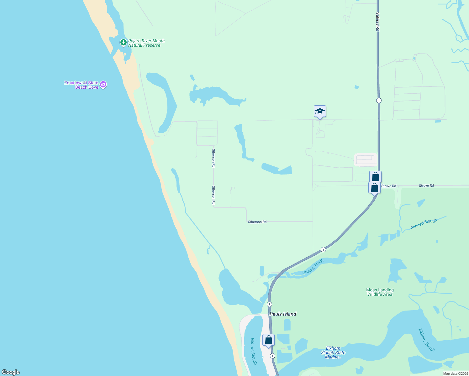 map of restaurants, bars, coffee shops, grocery stores, and more near 260 Giberson Road in Moss Landing