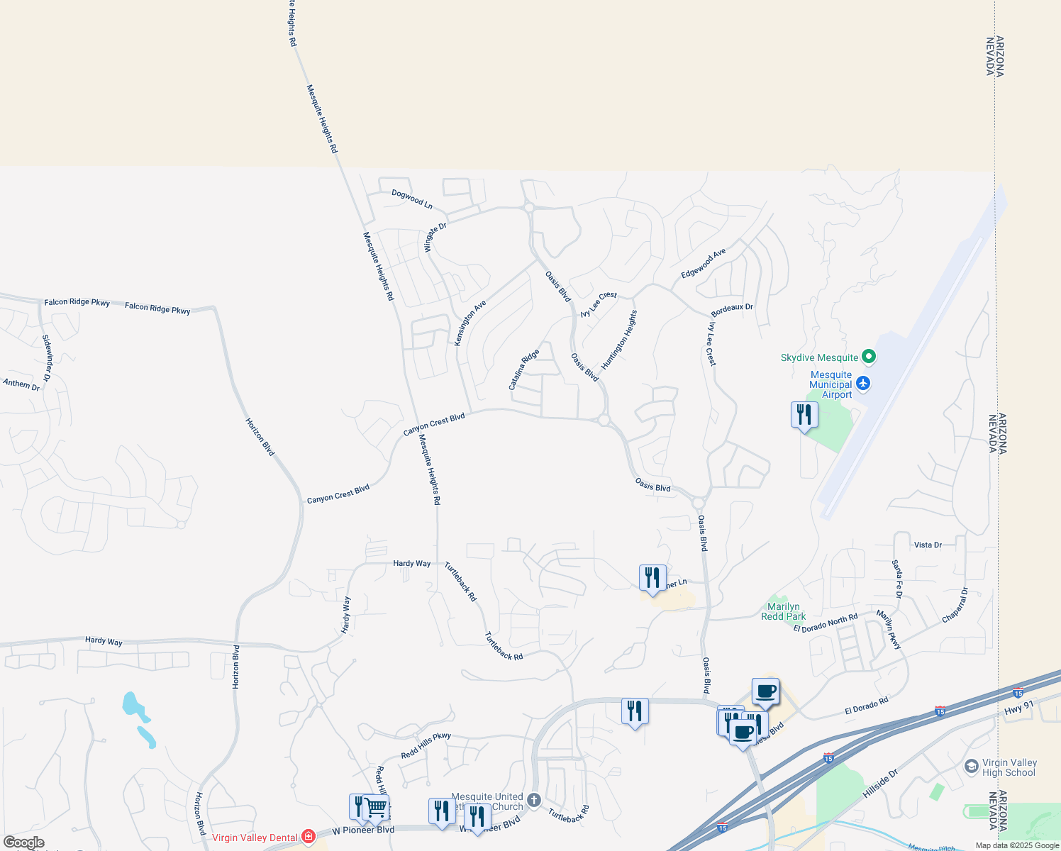 map of restaurants, bars, coffee shops, grocery stores, and more near 550 Canyon Crest Boulevard in Mesquite