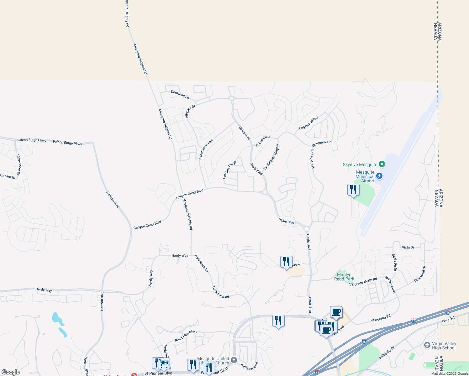map of restaurants, bars, coffee shops, grocery stores, and more near 550 Canyon Crest Boulevard in Mesquite
